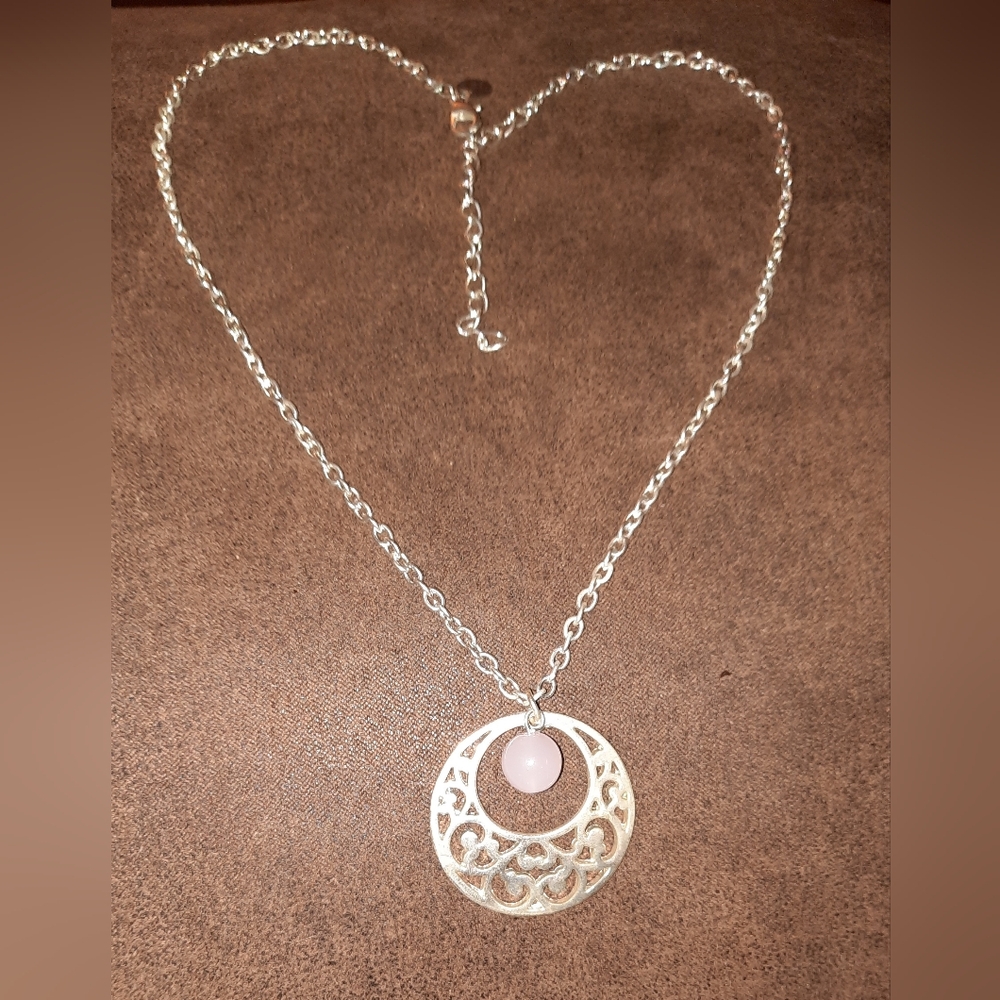 Signed Pink Quartz Dangle Silvertone Filigree Pen… - image 8